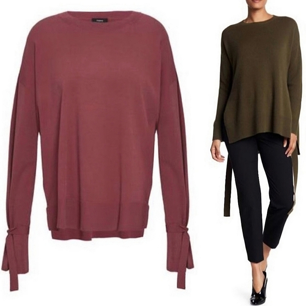 Theory Karenia Sleeve Detail Crepe Knit Deep Rose Sweater Medium
